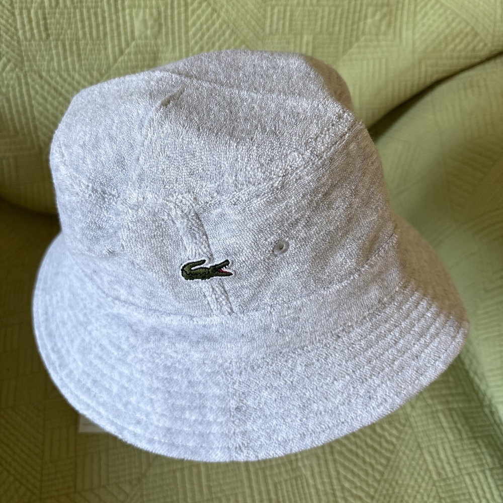 Lacoste Men's Terry Cloth Bucket Hat Gray Crocodile Logo XS/S NWT $75